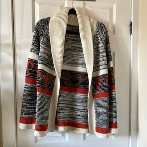 1970s style shawl collar marked orange cream black cardigan Scandinavian boho